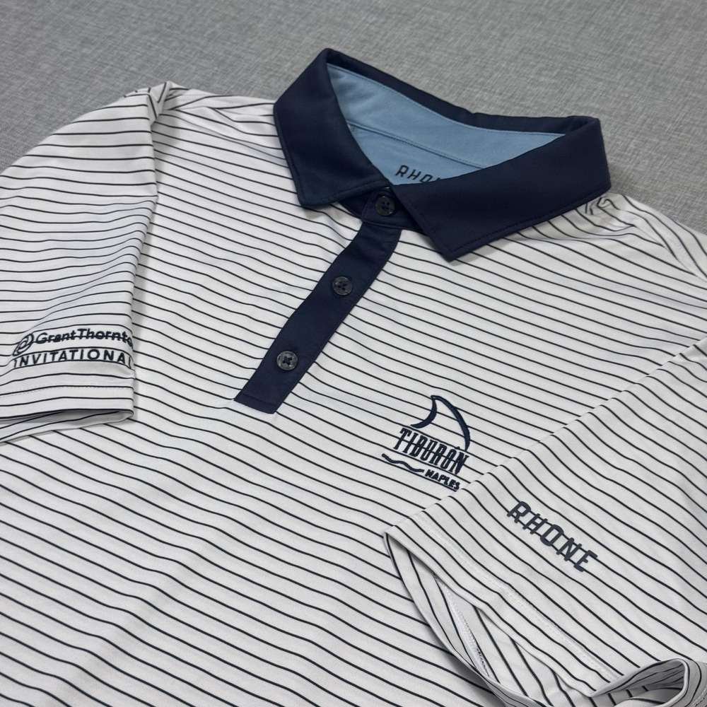 Rhone Golf Polo Shirt Mens XL White Striped Performance Logo Navy Collar